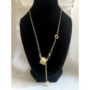 Gold Tone Necklace Cream Enamel Barrel Pendant Rhinestone Statement